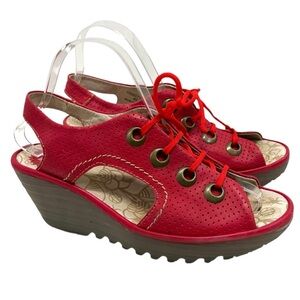 Fly London Ylfa Red Leather Lace Up Peep Toe Wedge Sandals Womens 40